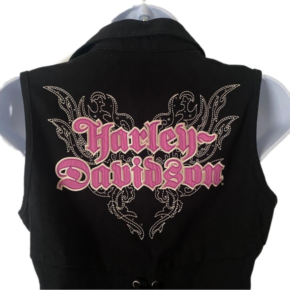 Harley-Davidson Y2K Zip-Up Corset Lace Vest Rhinestone Embroidered Pink Black- S - Picture 7 of 11